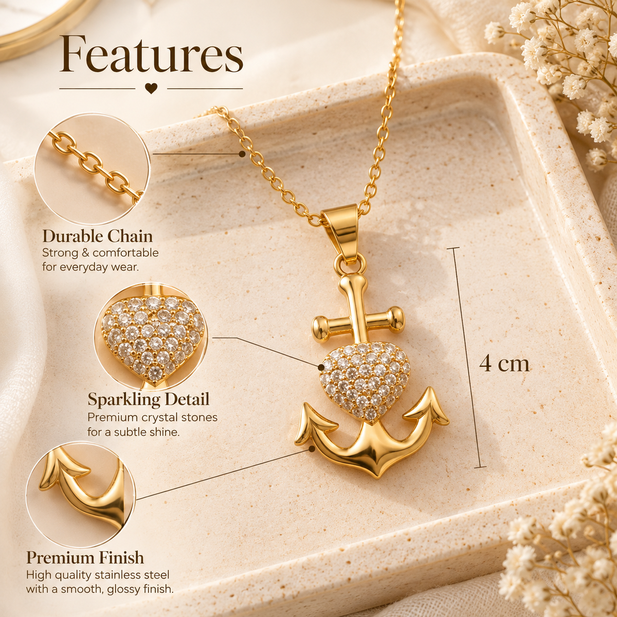 Golden Anchor Heart Pendent With Chain